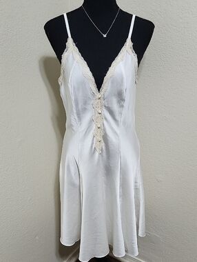 Women's White Lace-Trim Satin Slip Dress Sz L Y2K Satin Look Coquette